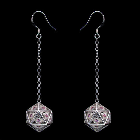 Hymgho Dragon's Eye D20 Earrings - Silver w/ Pink Gems