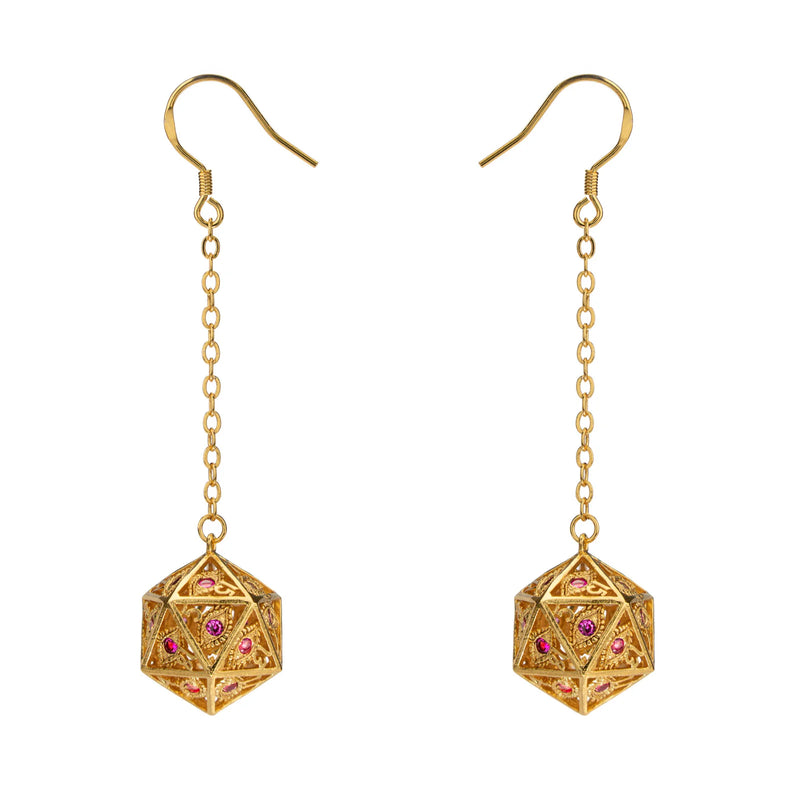 Hymgho Dragon's Eye D20 Earrings - Gold w/ Ruby Red Gems
