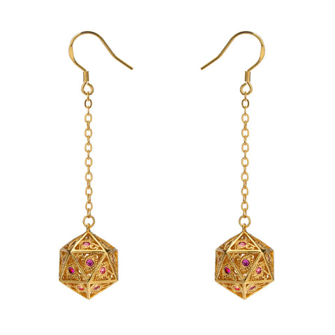 Hymgho Dragon's Eye D20 Earrings - Gold w/ Ruby Red Gems