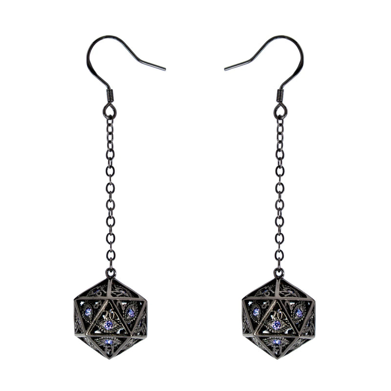 Hymgho Dragon's Eye D20 Earrings - Gunmetal w/ Purple Gems