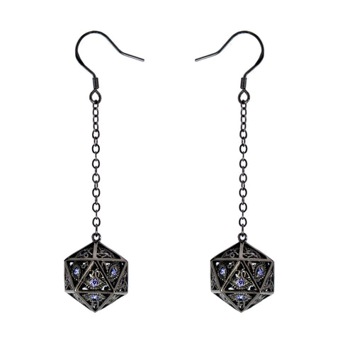 Hymgho Dragon's Eye D20 Earrings - Gunmetal w/ Purple Gems