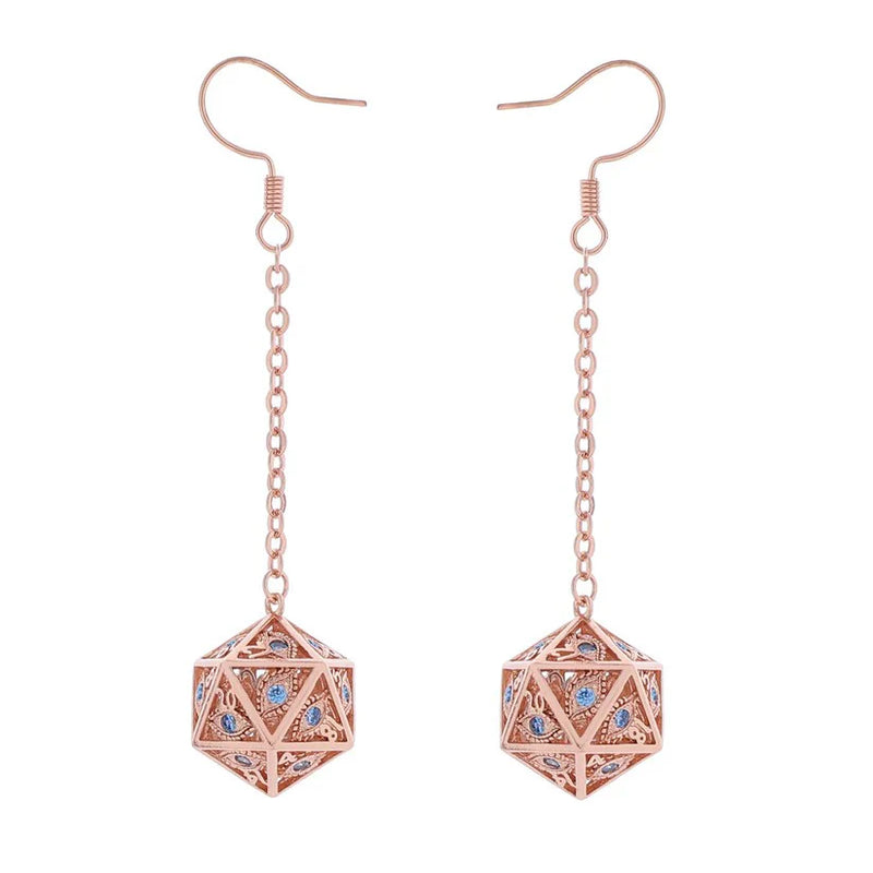 Hymgho Dragon's Eye D20 Earrings - Rose Gold w/ Blue Gems
