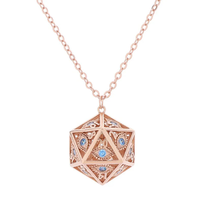 Hymgho: Dragon's Eye D20 Necklace - Rose Gold w/Blue Gems