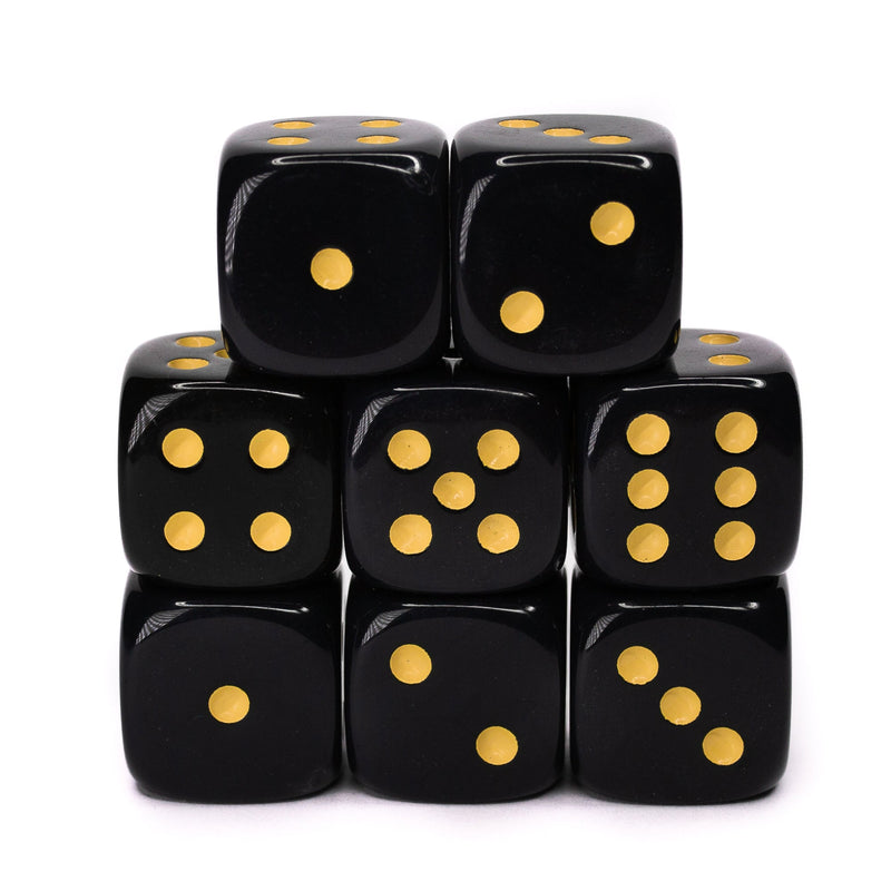 18mm D6 Dice Set (8) - Opaque Black w/ Yellow