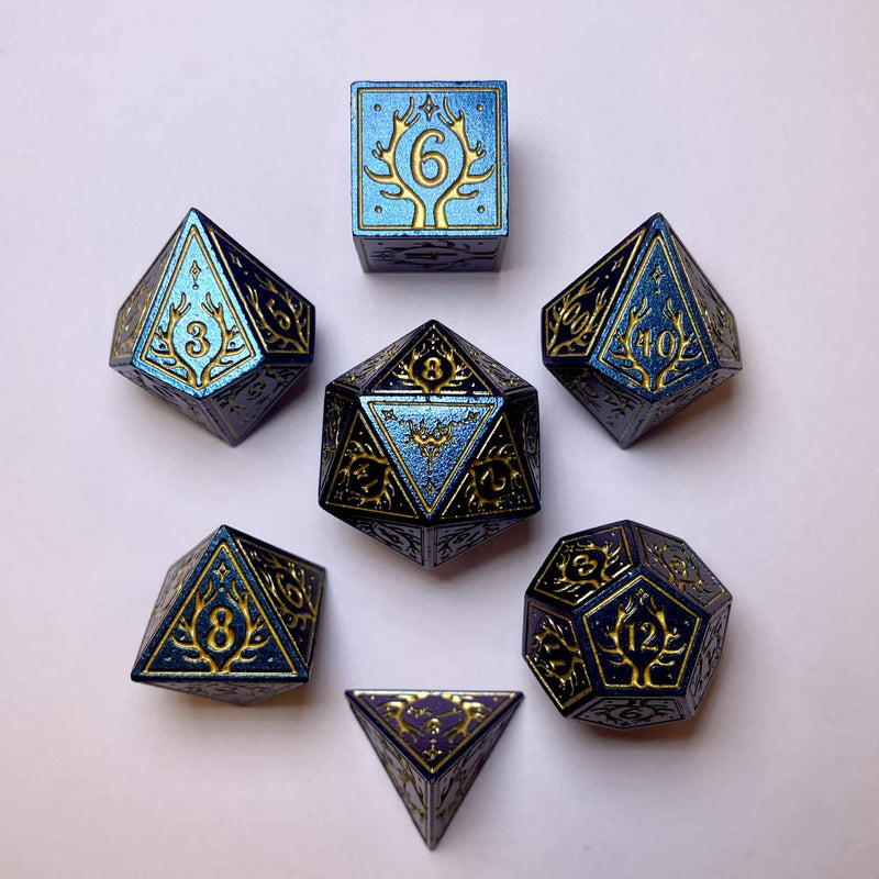 Hymgho Solid Metal Druid RPG Dice set - Glitter Blue w/ Gold