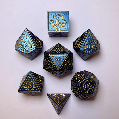 Hymgho Solid Metal Druid RPG Dice set - Glitter Blue w/ Gold