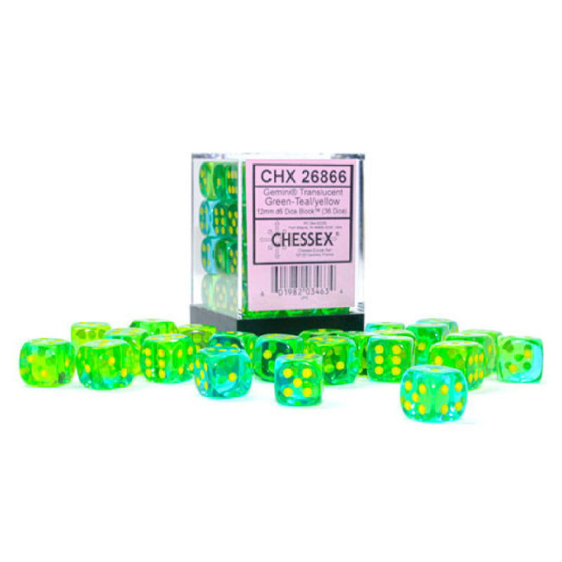 12mm D6 Dice Block (36) - Gemini Translucent Green-Teal/Yellow (CHX26866)