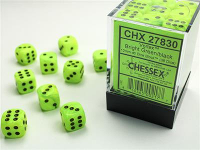 12mm D6 Dice Block (36) - Vortex Bright Green w/Black (CHX27830)