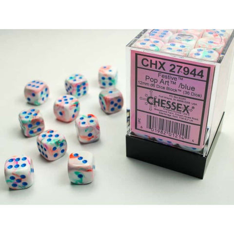 12mm D6 Dice Block (36) - Festive Pop Art/Blue