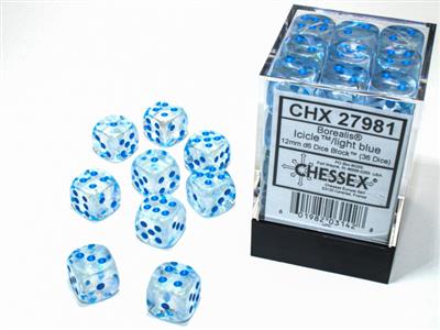 12mm D6 Dice Block (36) - Borealis Luminary Icicle w/ Light Blue (CHX27981)