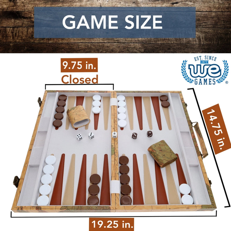 Tan Map Style Leatherette Backgammon Set, 14.75 x 9.75 in.