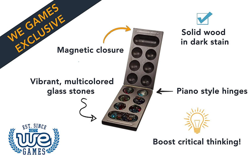 Folding Mancala Game - Dark Stained Wood & Glass Stones