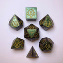 Hymgho Solid Metal Druid RPG Dice set - Glitter Green w/ Gold