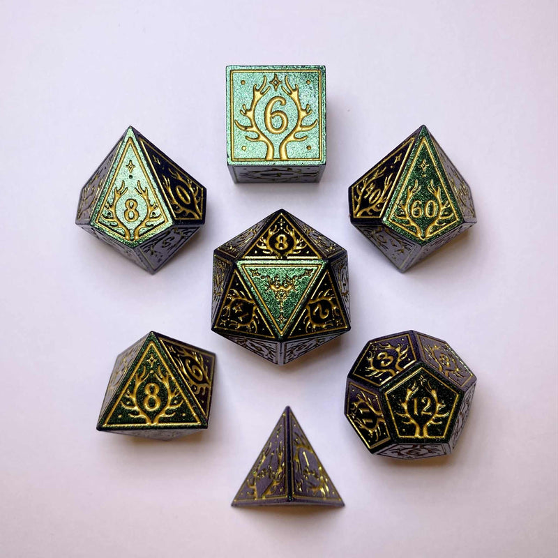 Hymgho Solid Metal Druid RPG Dice set - Glitter Green w/ Gold