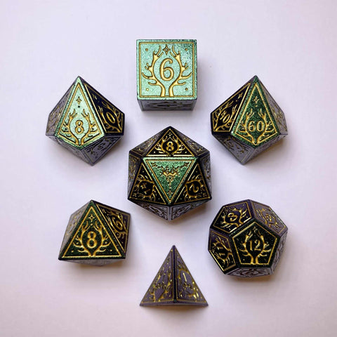 Hymgho Solid Metal Druid RPG Dice set - Glitter Green w/ Gold