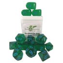 Dice Set (15) - TRANSLUCENT DARK GREEN WITH LIGHT BLUE NUMERALS - arch'd4
