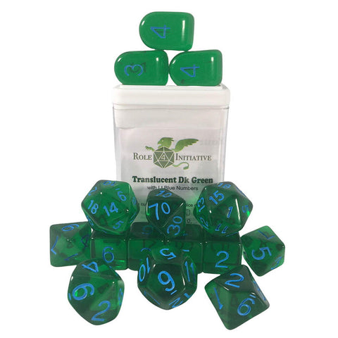 Dice Set (15) - TRANSLUCENT DARK GREEN WITH LIGHT BLUE NUMERALS - arch'd4