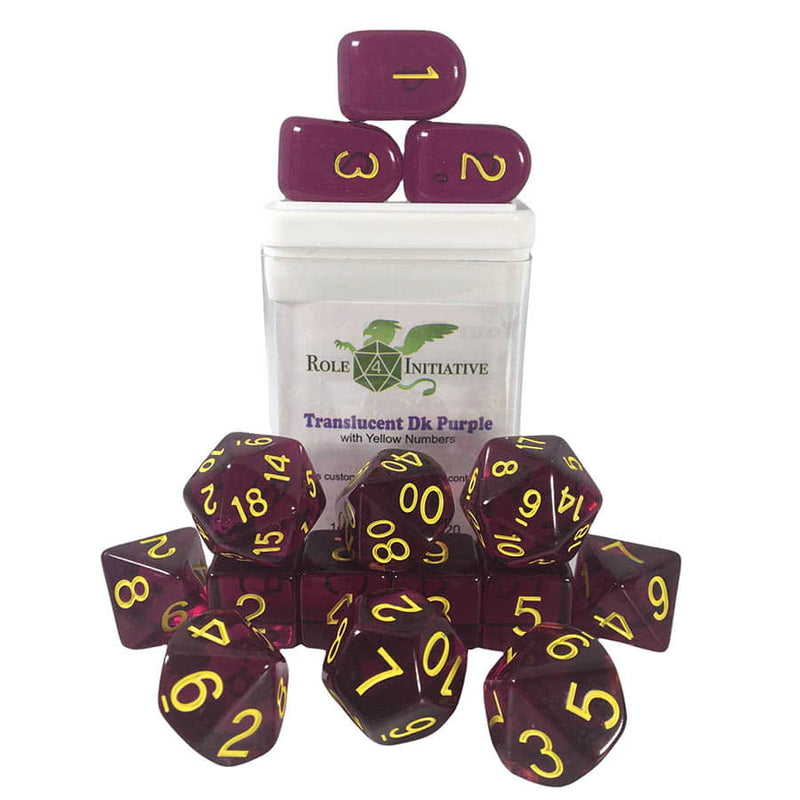 Dice Set (15) - TRANSLUCENT DARK PURPLE WITH GOLD NUMERALS - arch'd4