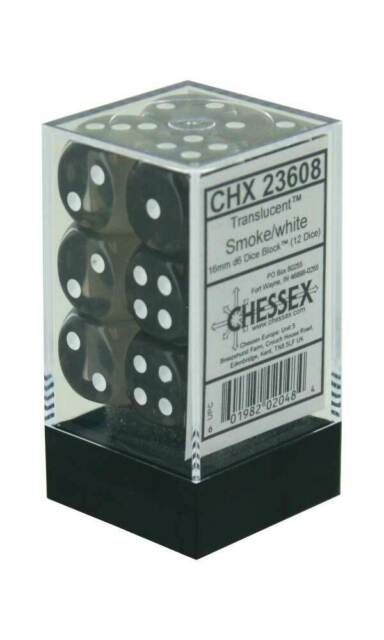 Picture of the Dice: 12 Smoke w/white Translucent 16mm D6 Dice Block (12) - CHX23608