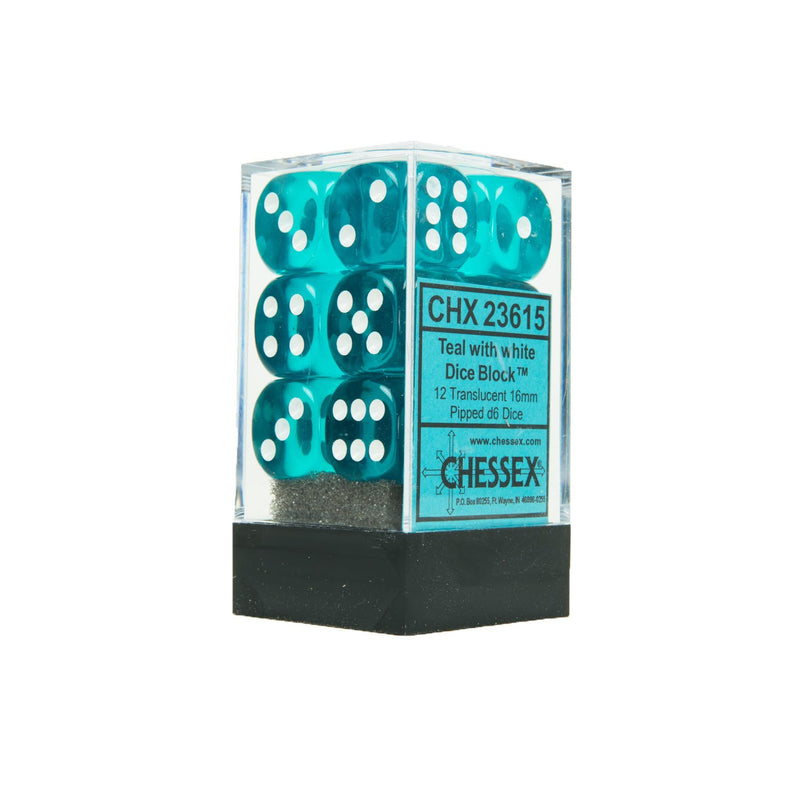 Picture of the Dice: 12 Teal w/white Translucent 16mm D6 Dice Block (12) - CHX23615