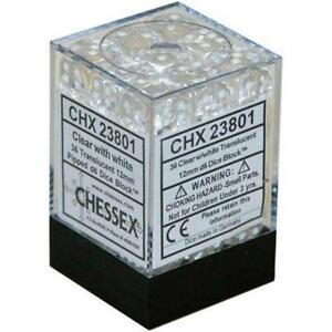 Picture of the Dice: 36 Clear w/white Translucent 12mm D6 Dice Block (12) - CHX23801