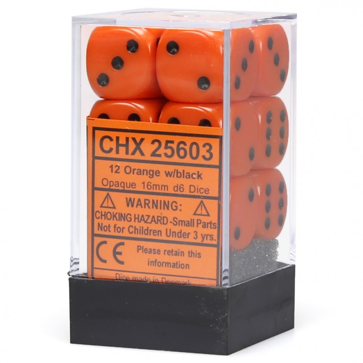 Picture of the Dice: 12 Orange w/black Opaque 16mm D6 Dice Block (12) - CHX25603