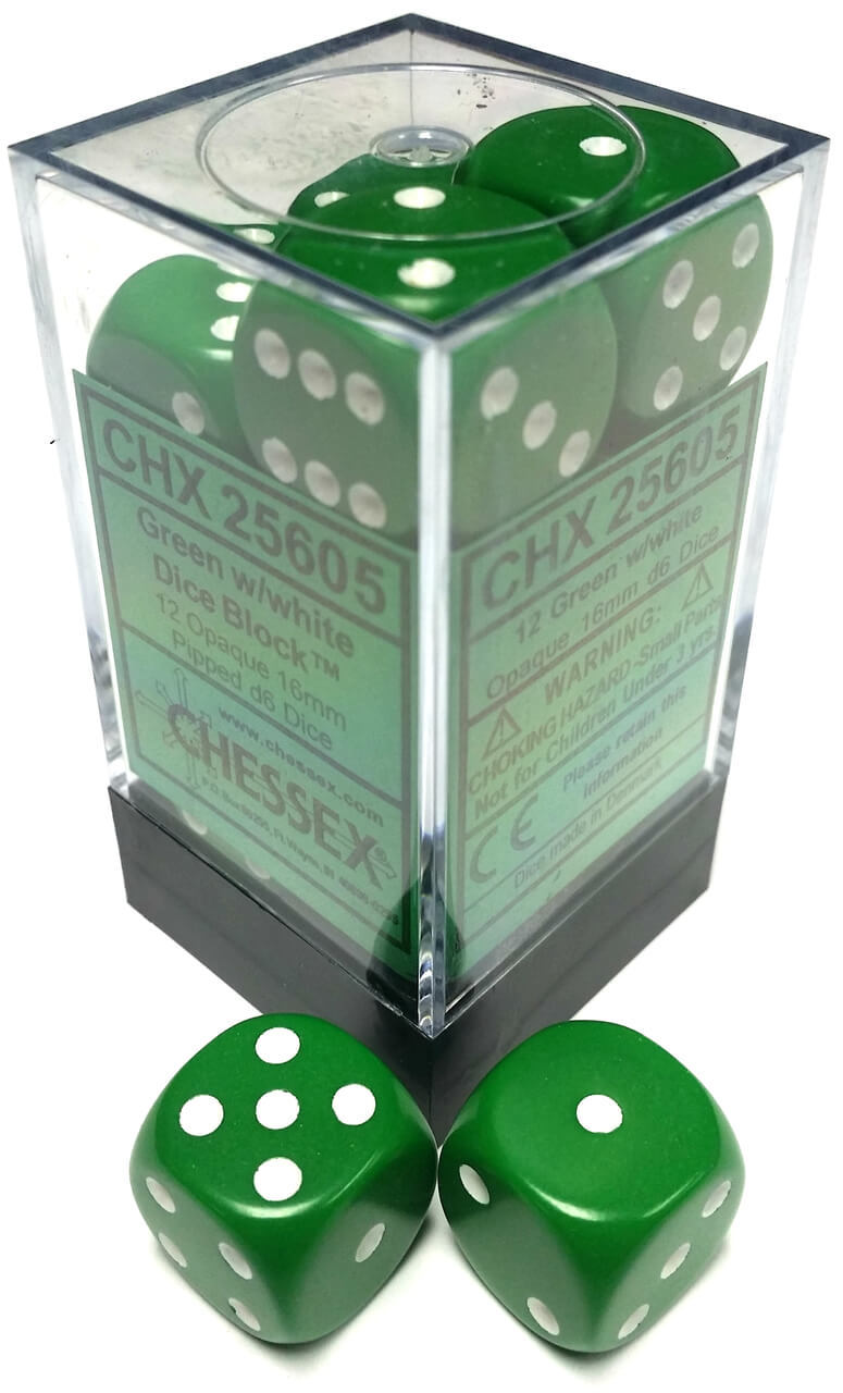 Picture of the Dice: Opaque Green / White 12 Dice Set 16mm D6 - CHX25605