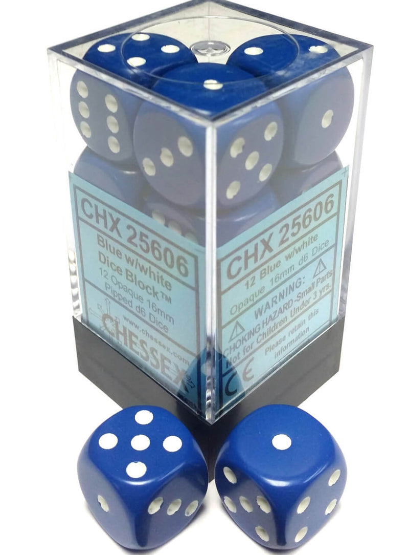 Picture of the Dice: Opaque Blue / White 12 Dice Set 16mm D6 - CHX25606