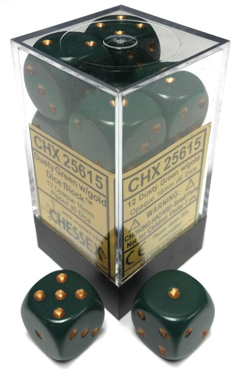 16mm D6 Dice Block (12) - Opaque Dusty Green w/Copper (CHX25615)
