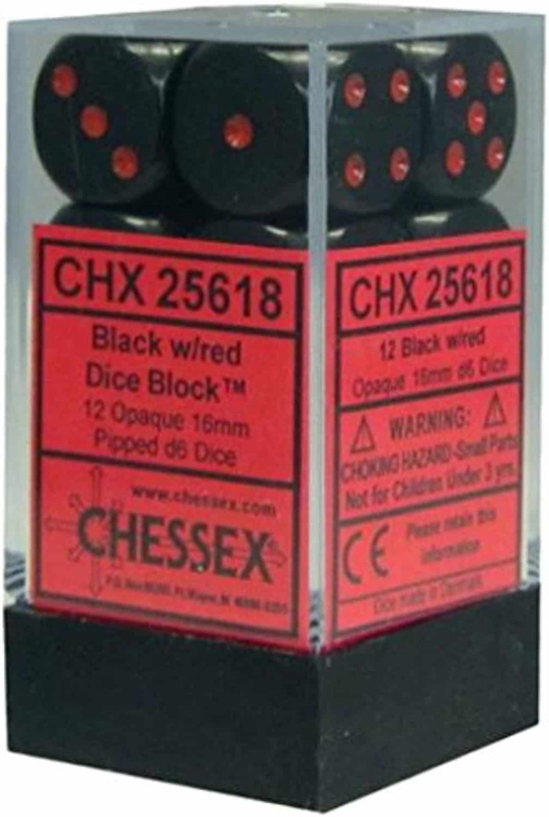 Picture of the Dice: 12 Black w/red Opaque 16mm D6 Dice Block (12) - CHX25618