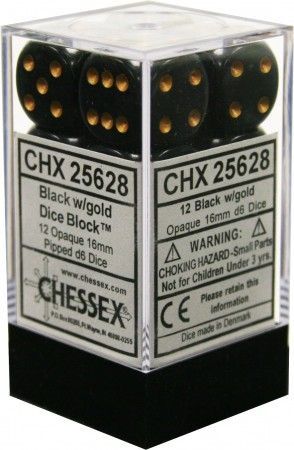 Picture of the Dice: 12 Black w/gold Opaque 16mm D6 Dice Block (12) - CHX25628