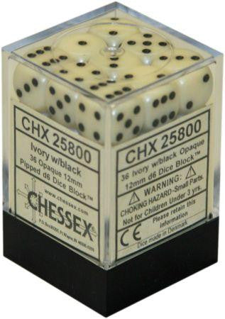 Picture of the Dice: 36 Ivory w/black Opaque 12mm D6 Dice Block (12) - CHX25800