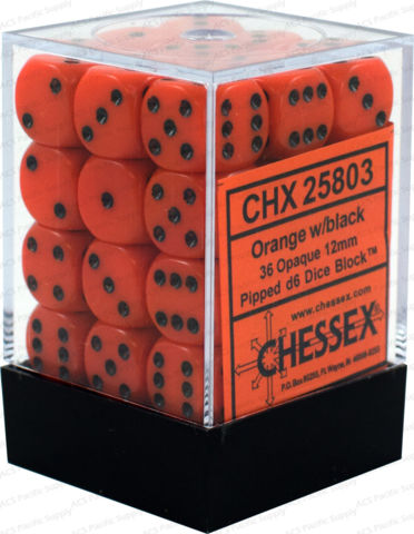 Picture of the Dice: 36 Orange w/black Opaque 12mm D6 Dice Block (12) - CHX25803
