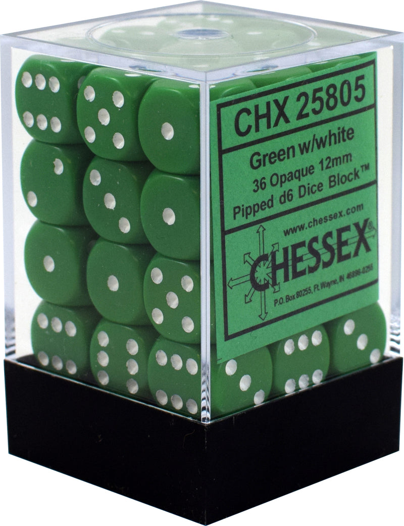 Picture of the Dice: 36 Green w/white Opaque 12mm D6 Dice Block (12) - CHX25805