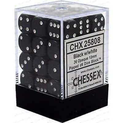 Picture of the Dice: 36 Black w/White 12mm D6 Dice Block (12) - CHX25808
