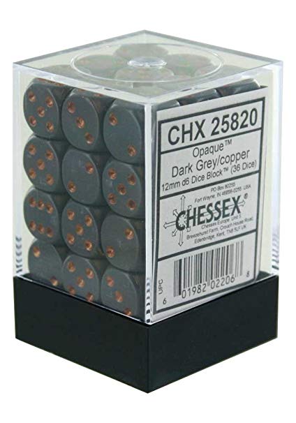 Picture of the Dice: 36 12mm Grey w/Copper Opaque D6 Dice - CHX25820