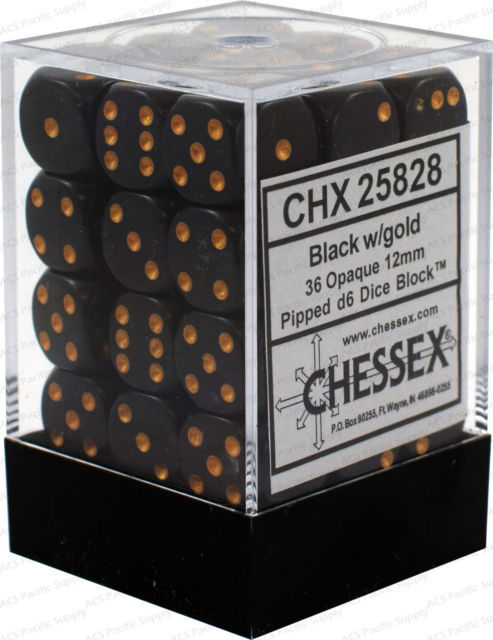 Picture of the Dice: 36 12mm Black w/Gold Opaque D6 Dice - CHX25828