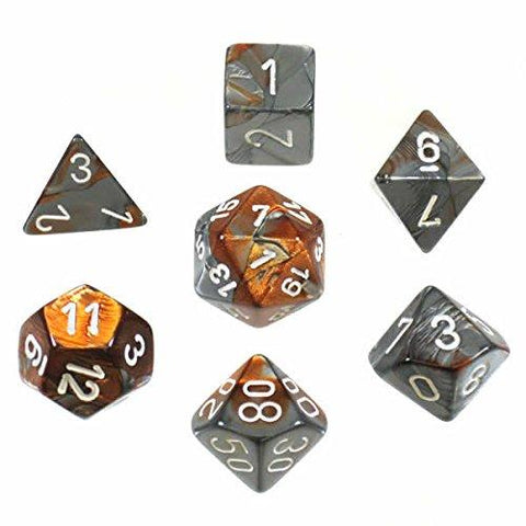 Picture of the Dice: Copper-Steel w/white Gemini Polyhedral 7 Dice Set - CHX26424