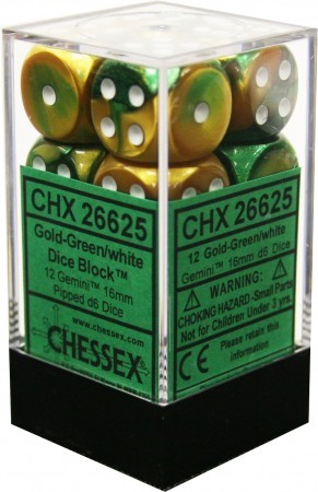 Picture of the Dice: 12 Gold-Green w/white Gemini 16mm D6 Dice Block (12) - CHX26625