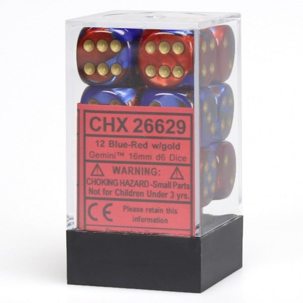 Picture of the Dice: 12 Blue-Red w/Gold Gemini 16mm D6 Dice Block (12) - CHX26629