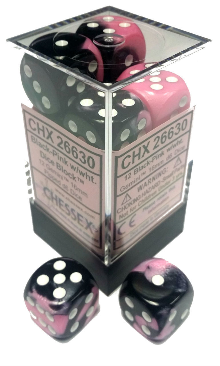 Picture of the Dice: 12 16mm Black-Pink w/White D6 Dice Set - CHX26630