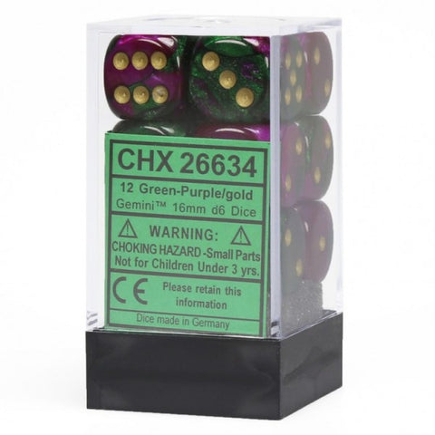 Picture of the Dice: 12 16mm Green-Purple w/Gold Gemini D6 Dice - CHX26634