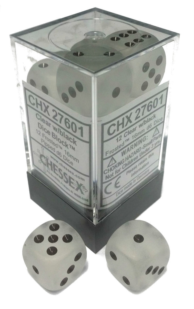 Picture of the Dice: 12 Clear w/black Frosted 16mm D6 Dice Block (12) - CHX27601
