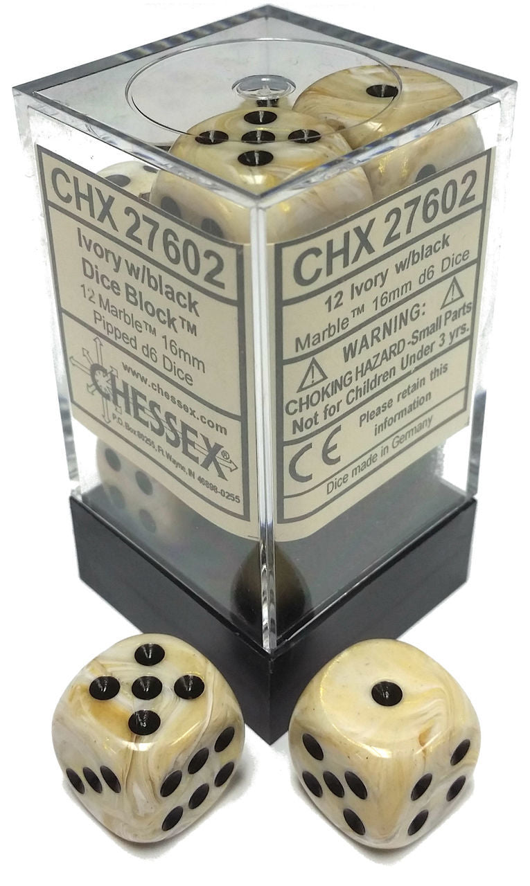 Picture of the Dice: 12 Ivory w/black Marble 16mm D6 Dice Block (12) - CHX27602