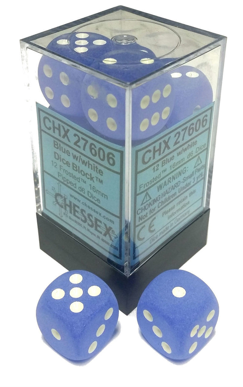 Picture of the Dice: 12 Blue w/white Frosted 16mm D6 Dice Block (12) - CHX27606