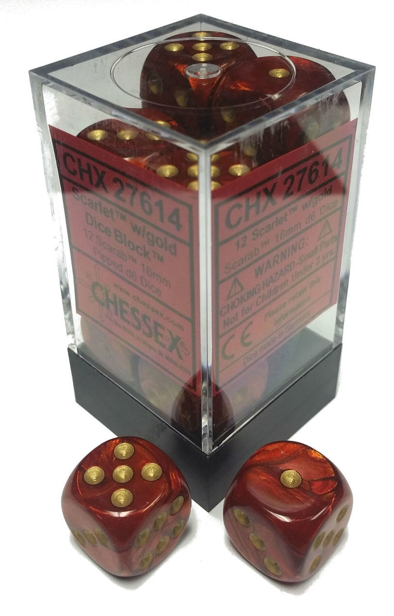 Picture of the Dice: 12 Scarlet w/gold Scarab 16mm D6 Dice Block (12) - CHX27614