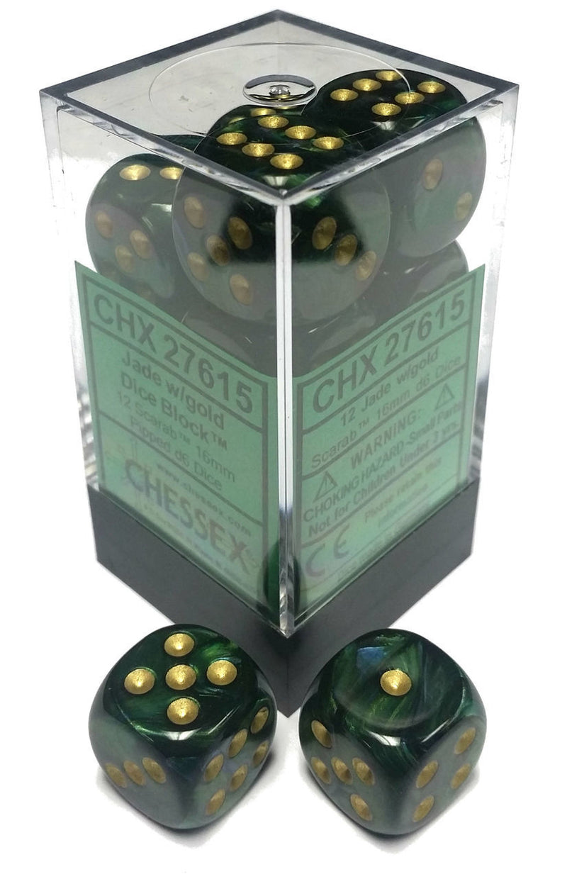 Picture of the Dice: 12 Jade w/gold Scarab 16mm D6 Dice Block (12) - CHX27615