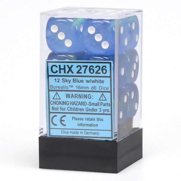 Picture of the Dice: 12 Sky Blue w/white Borealis 16mm D6 Dice Block (12) - CHX27626