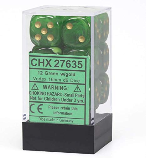 Picture of the Dice: 12 Green w/gold Vortex 16mm D6 Dice Block (12) - CHX27635