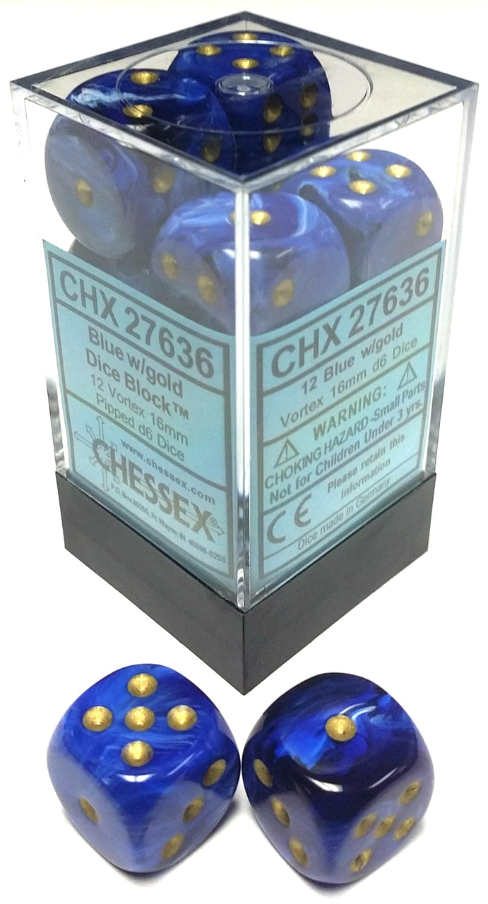 Picture of the Dice: 12 Blue w/gold Vortex 16mm D6 Dice Block (12) - CHX27636